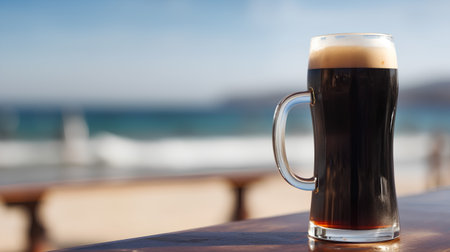 Pint of dark beer on the beach. Selective focus.の素材
