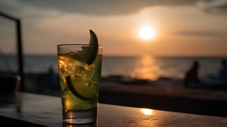 Cocktail with lime on the background of the sea and sunsetの素材