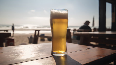 Glass of beer on a wooden table in a cafe on the beachの素材