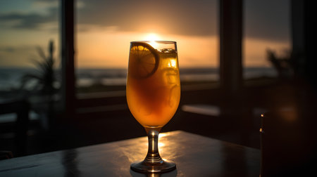 Cocktail with a slice of lemon on the background of the setting sunの素材