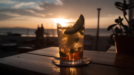 Cocktail on a wooden table against the background of the setting sunの素材