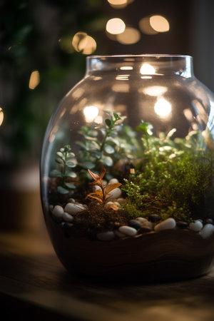 Small plant in a round glass jar on a wooden table with blurred backgroundの素材