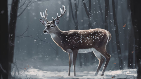 Fallow deer in winter forest. Filtered image processed vintage effect.の素材