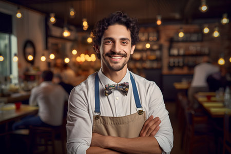 Portrait of a handsome young waiter standing with arms crossed in a restaurant.の素材