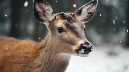 Close up of a young deer in the forest with falling snow.の素材