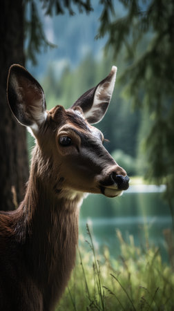 Portrait of a young deer on a background of a mountain lakeの素材