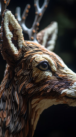 Close up of a deer head made of wood in a park.の素材