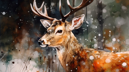 Watercolor painting of a white-tailed deer in winter forest.の素材