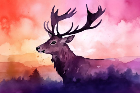 Watercolor illustration of a red deer in the forest at sunset.の素材
