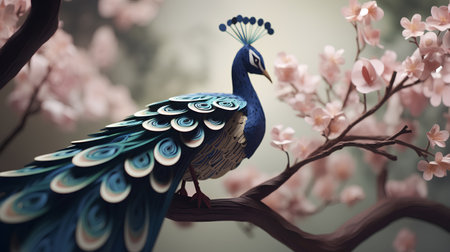 Peacock on a branch of a blossoming sakura.の素材