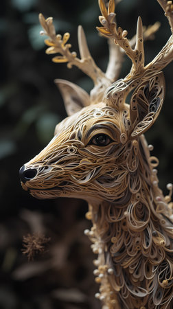 Decorative deer head made of wood in the forest, close upの素材