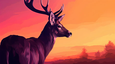 Beautiful red deer in the forest at sunset. Vector illustration.の素材