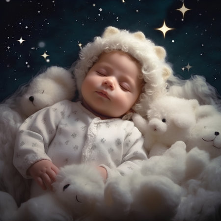 Cute newborn baby girl sleeping on white fluffy sheep in the starry nightの素材