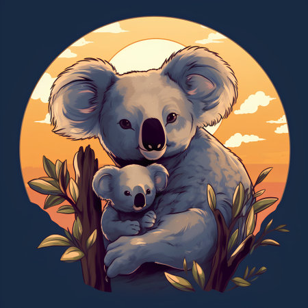 Koala mother with her baby on a background of the sunset.の素材