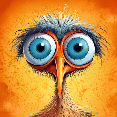 Funny ostrich with blue eyes on orange grunge background.の素材