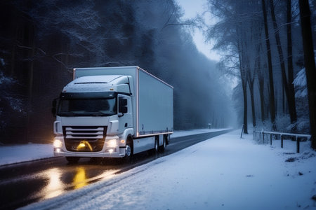 Truck on the road covered with snow in winter forest at nightの素材