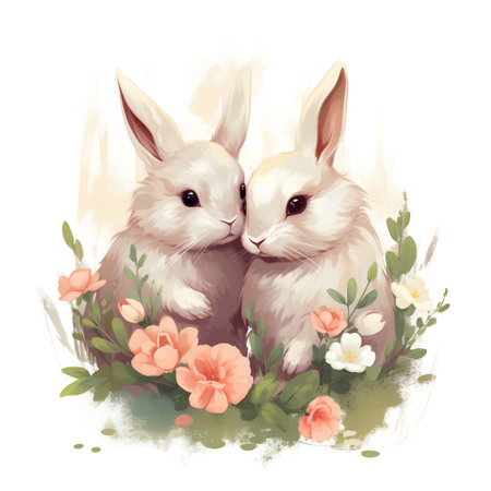 Rabbits and flowers on a white background. Vector illustration.の素材
