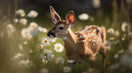 Young whitetail deer in the field of daisies.の素材