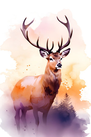Watercolor illustration of a red deer with antlers on a blurred background.の素材