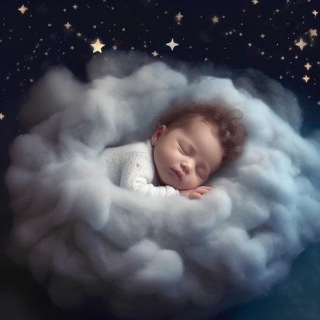 Cute little baby sleeping in a cloud on a starry nightの素材
