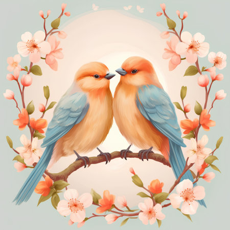 Two birds sitting on a branch of blooming sakura. Vector illustrationの素材