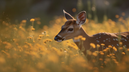 Young whitetail deer in a field of yellow wildflowersの素材