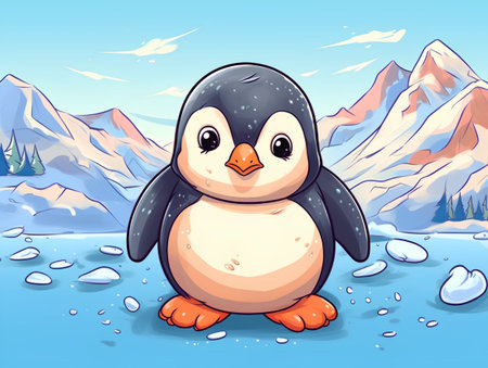 Cute cartoon penguin standing on the ice. Vector illustration.の素材
