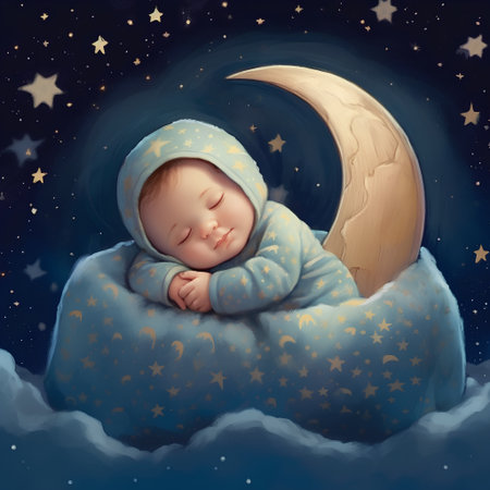 Newborn baby sleeping in the moon and starry night sky illustrationの素材