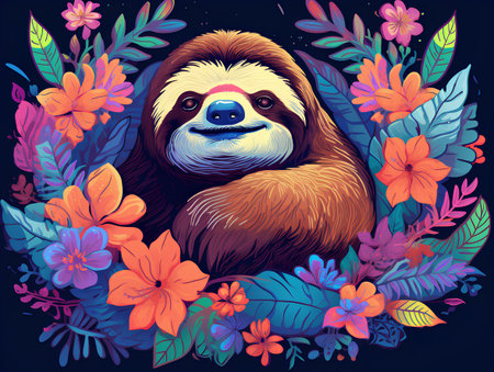 Vector illustration of cute cartoon sloth and tropical flowers on dark background.の素材