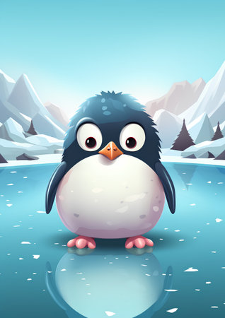 Cute penguin in winter landscape. Cartoon style vector illustration.の素材