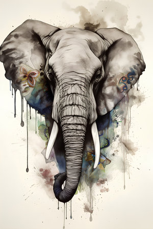 Elephant head with splashes of paint. Hand-drawn illustration.の素材