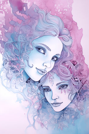Two beautiful girls with long hair and blue eyes. Watercolor painting.の素材