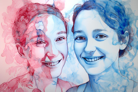 Portrait of two beautiful young women with different emotions. Double exposureの素材