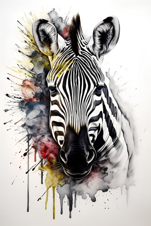 Zebra portrait with watercolor splashes on a white background.の素材