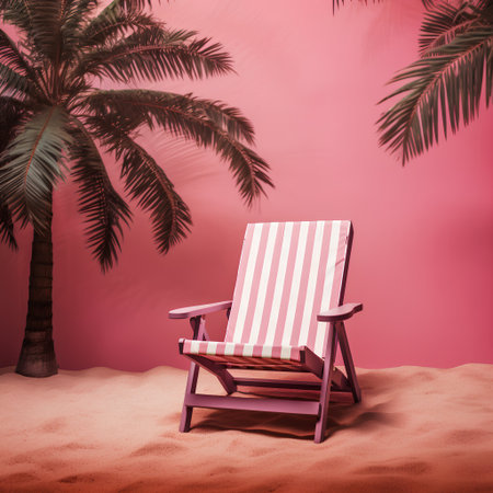 Beach chair on the sand under palm tree. 3d renderingの素材