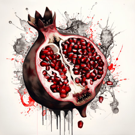 Pomegranate fruit with splashes and drops of paint.の素材
