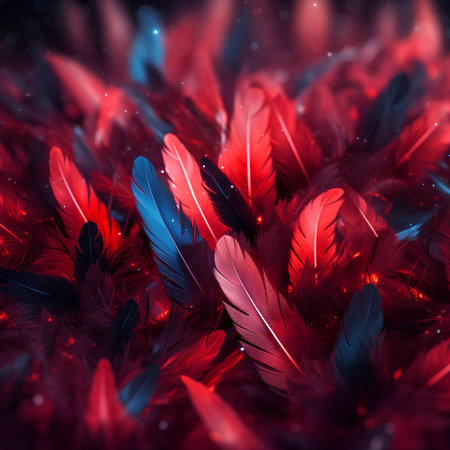 Red and blue feathers background. 3d rendering, 3d illustration.の素材