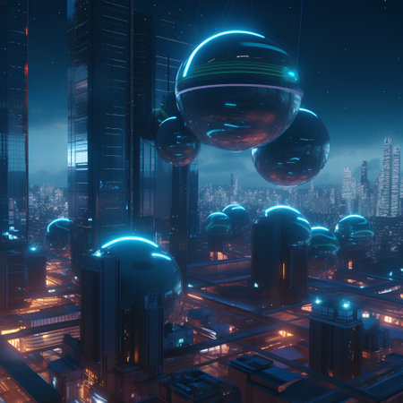 3d illustration of a futuristic city with lights and a planet.の素材