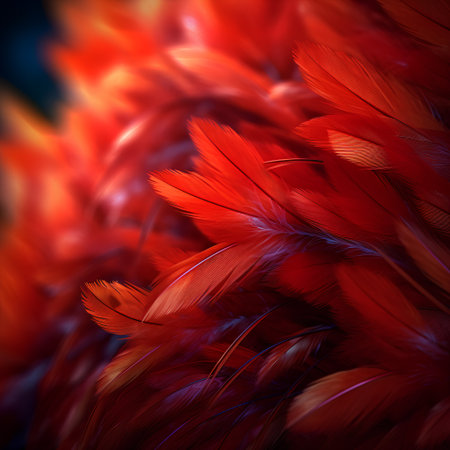 close up of red feathers on dark background with bokeh effectの素材