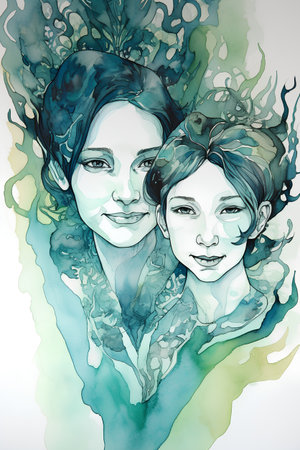 Watercolor portrait of a beautiful girl with her mother. Vector illustration.の素材