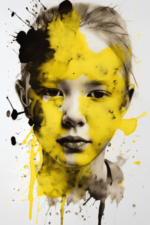 Portrait of a beautiful girl with yellow paint on her face.の素材