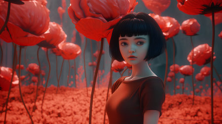 3d illustration of a girl surrounded by red poppies.の素材