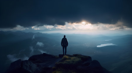 Man standing on the edge of the mountain and looking at the sunsetの素材