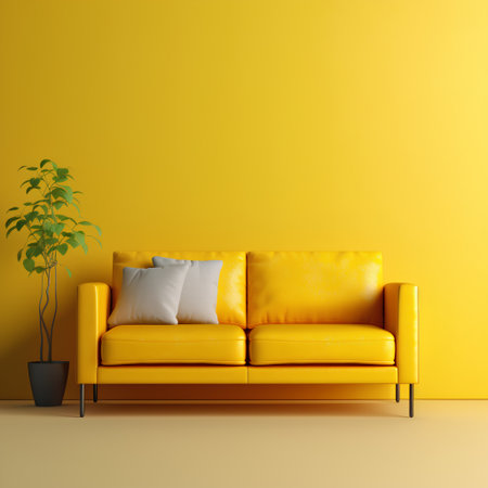 Yellow living room with yellow sofa and plant. 3d render.の素材