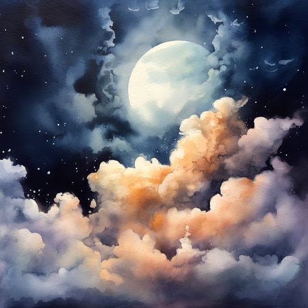 Night sky with clouds, moon and stars. Watercolor illustration.の素材