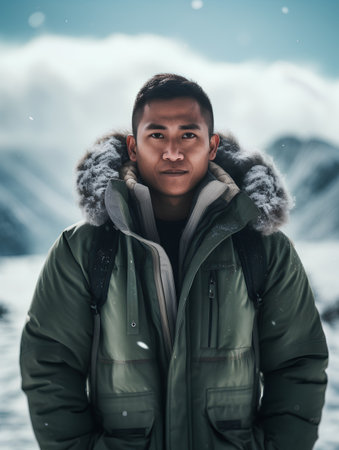 Portrait of handsome asian man in the snow. Winter backgroundの素材