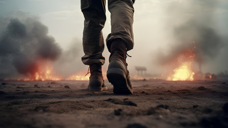 Man walking on the sand in front of a burning forest. Conceptual imageの素材