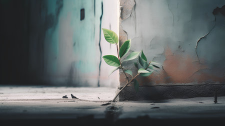 Green sprout growing through the cracked concrete wall, filtered image.の素材
