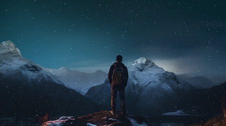 Man standing on top of mountain and looking at the starry skyの素材
