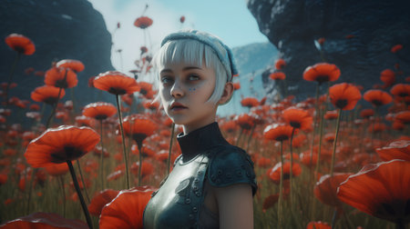 3D Illustration of a Fantasy Female Soldier in a Red Poppy Fieldの素材